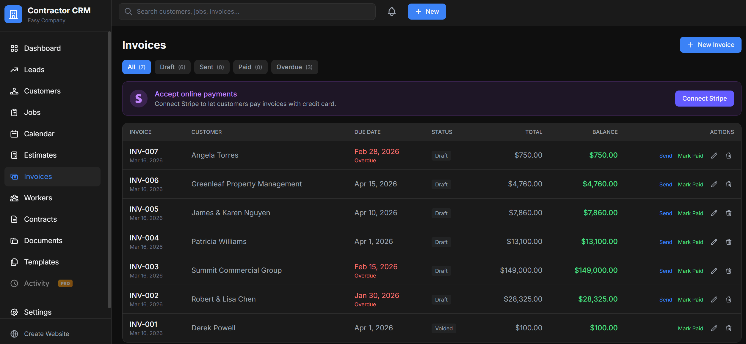 Contractor CRM Invoices