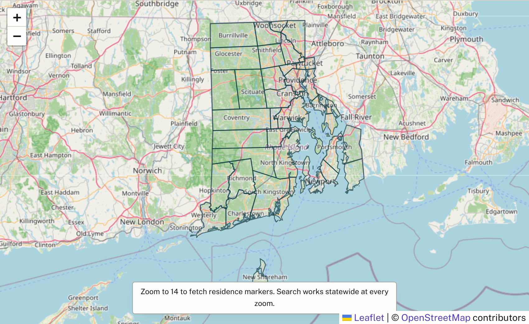 Actual Rhode Island project map showing the state's coastline, Narragansett Bay, and municipal boundaries.