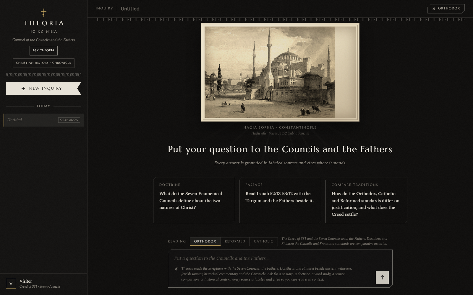 Theoria public study interface with a new inquiry, cited-source examples, and Orthodox, Reformed, and Catholic reading options.